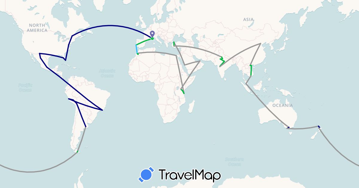TravelMap itinerary: driving, bus, plane, boat in Australia, Bolivia, Brazil, Canada, France, Mexico, New Zealand, Peru, United States (Europe, North America, Oceania, South America)
